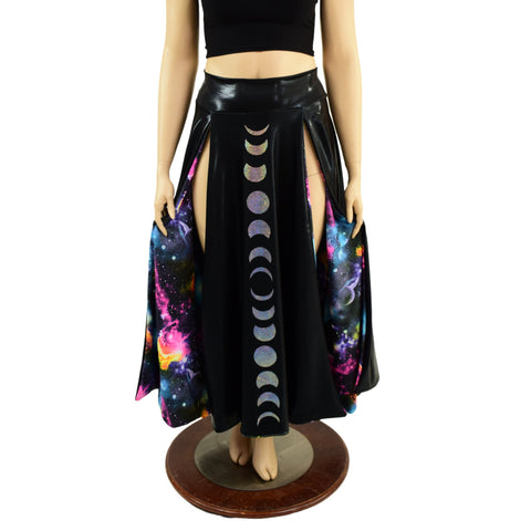 Black Mystique Double Split Skirt with Moon Phases and Galaxy Lining - Coquetry Clothing
