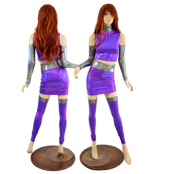 6PC Purple Crop Top & Skirt Set with Silver Holo Trim and Arm & Leg Warmers - 1