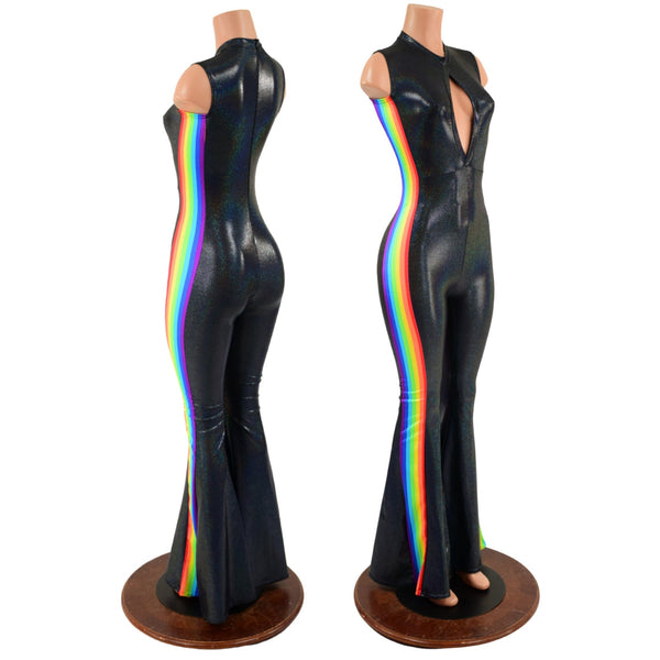 Retro Rainbow Striped Solar Flare Catsuit with Keyhole Neckline - 1