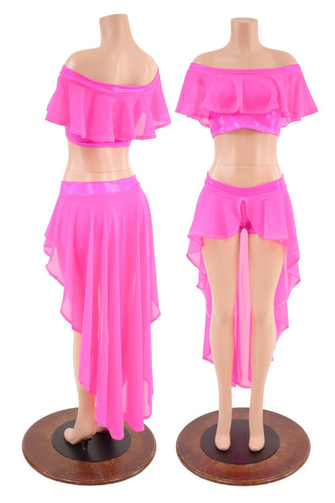 Neon Pink Sheer Mesh Off Shoulder Top & Shorts Set - Coquetry Clothing