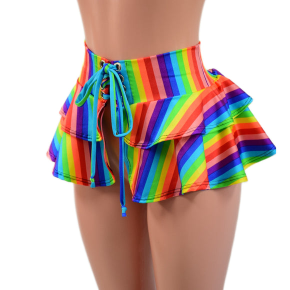 10" Ultra Mini Double Tiered Mini Skirt in Rainbow Stripe - Coquetry Clothing