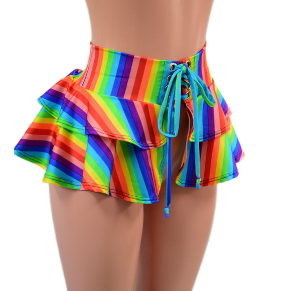 10" Ultra Mini Double Tiered Mini Skirt in Rainbow Stripe - Coquetry Clothing