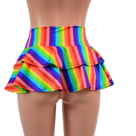 10" Ultra Mini Double Tiered Mini Skirt in Rainbow Stripe - Coquetry Clothing