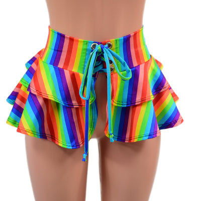 10" Ultra Mini Double Tiered Mini Skirt in Rainbow Stripe - Coquetry Clothing