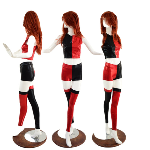 Red and Black Harlequin High Waist Shorts & Crop Set with Leg Warmers - Coquetry Clothing