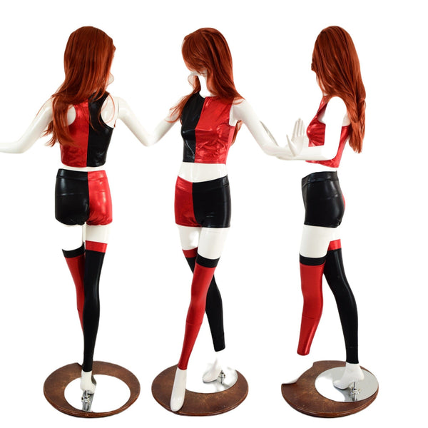 Red and Black Harlequin High Waist Shorts & Crop Set with Leg Warmers - 2