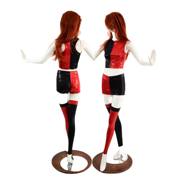 Red and Black Harlequin High Waist Shorts & Crop Set with Leg Warmers - 3