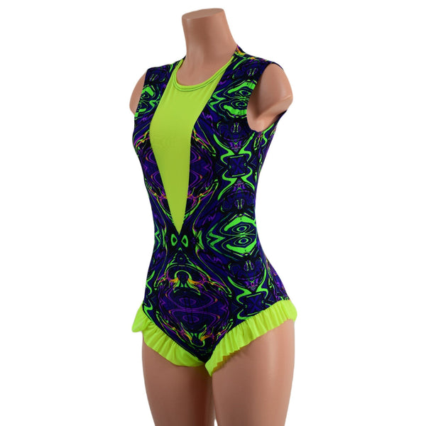 Neon Melt Trapeze Romper with Mesh Lined Plunging V Neckline - 3