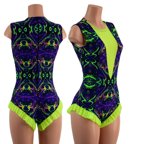 Neon Melt Trapeze Romper with Mesh Lined Plunging V Neckline - Coquetry Clothing