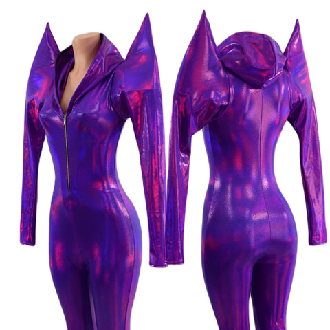 Grape Holographic Mega Sharp Shoulder Hooded Catsuit with Silver Front Zipper - Coquetry Clothing