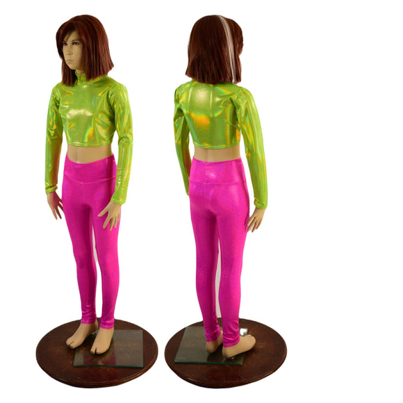 Kids Neon Pink and Green Leggings and Crop Top Set - Coquetry Clothing
