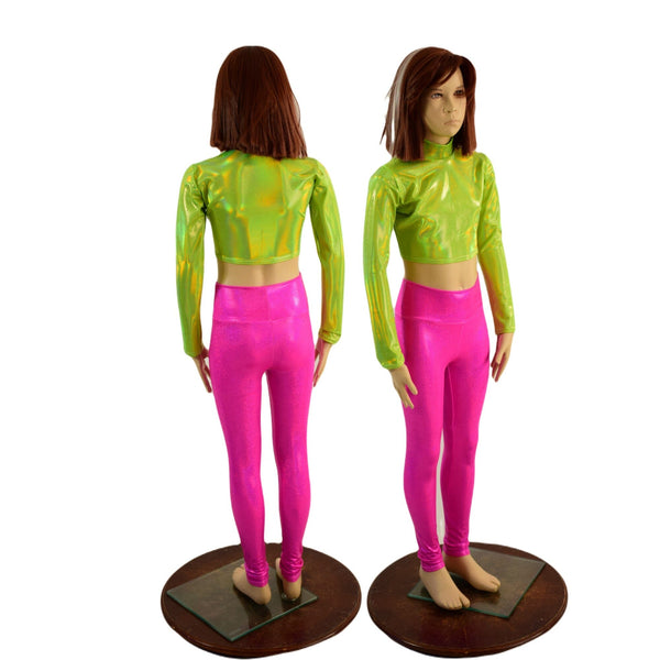 Kids Neon Pink and Green Leggings and Crop Top Set Coquetry Clothing
