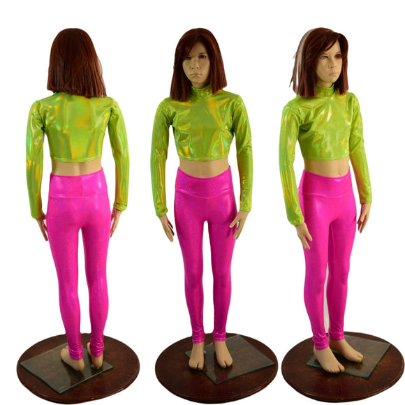 Kids Neon Pink and Green Leggings and Crop Top Set - Coquetry Clothing