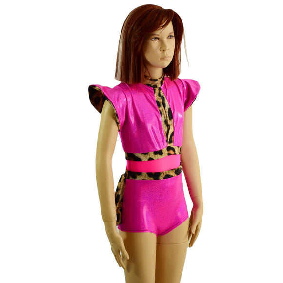 Kids Neon Pink and Leopard Print Keyhole Romper with Ruffle Rump - Coquetry Clothing