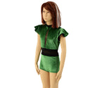 Girls Green Velvet Romper with Inset Keyhole and Mesh Waistband - 2