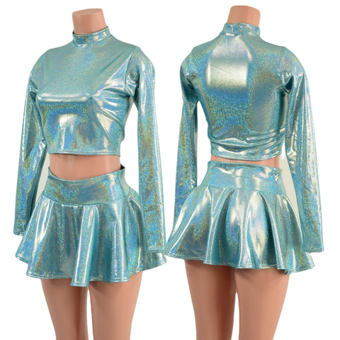 Seafoam Long Sleeve Crop Top and Circle Cut Skirt Set - Coquetry Clothing