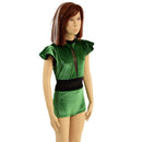 Girls Green Velvet Romper with Inset Keyhole and Mesh Waistband - Coquetry Clothing