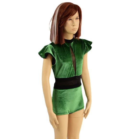 Girls Green Velvet Romper with Inset Keyhole and Mesh Waistband - Coquetry Clothing