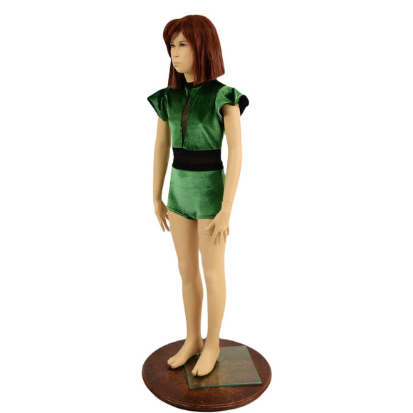 Girls Green Velvet Romper with Inset Keyhole and Mesh Waistband - Coquetry Clothing