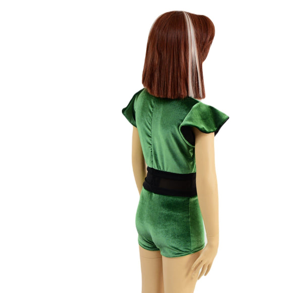 Girls Green Velvet Romper with Inset Keyhole and Mesh Waistband - Coquetry Clothing