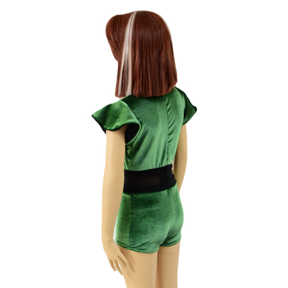 Girls Green Velvet Romper with Inset Keyhole and Mesh Waistband - Coquetry Clothing