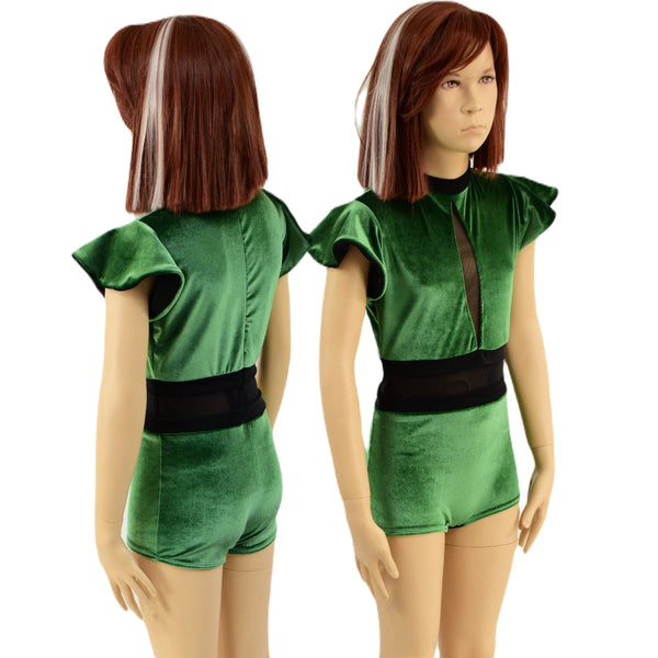 Girls Green Velvet Romper with Inset Keyhole and Mesh Waistband - 1