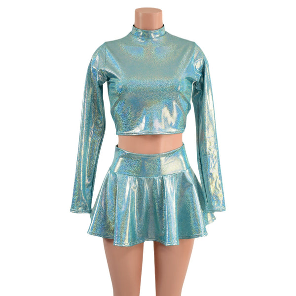 Seafoam Long Sleeve Crop Top and Circle Cut Skirt Set - 3