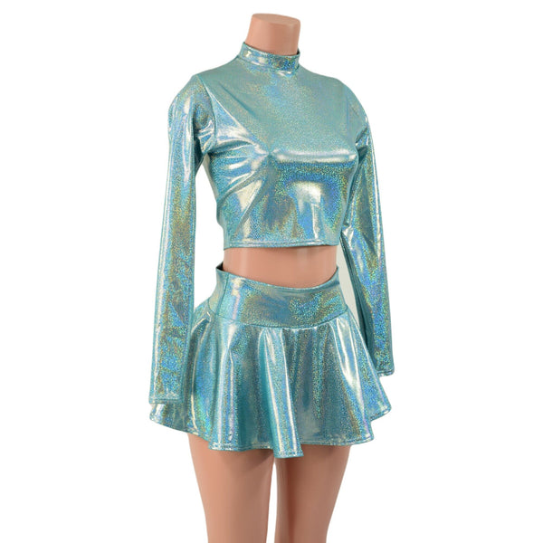 Seafoam Long Sleeve Crop Top and Circle Cut Skirt Set - 4