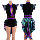 Scarab, Plumeria and Black Mystique Tux Back Romper with Boy Cut Leg - Coquetry Clothing