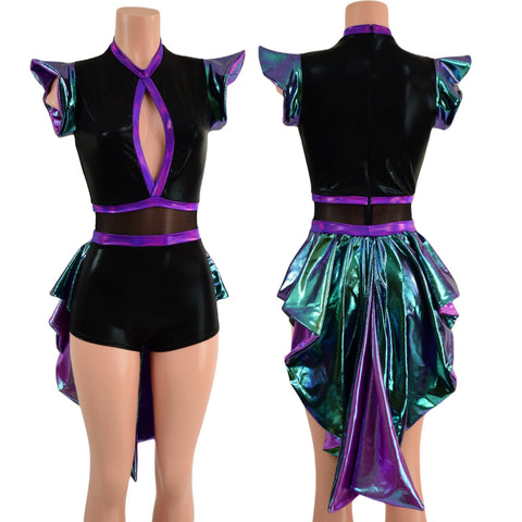 Scarab, Plumeria and Black Mystique Tux Back Romper with Boy Cut Leg - Coquetry Clothing