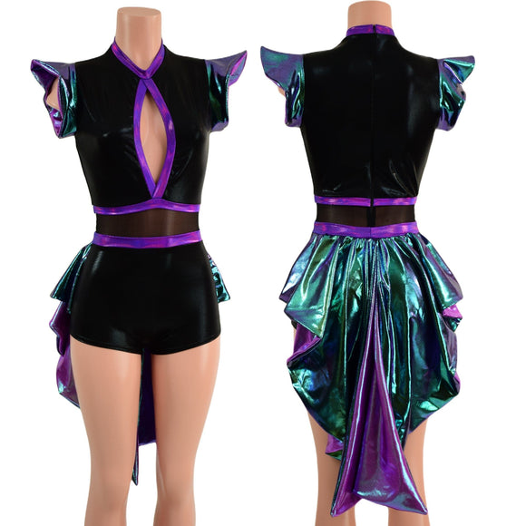 Scarab, Plumeria and Black Mystique Tux Back Romper with Boy Cut Leg - Coquetry Clothing