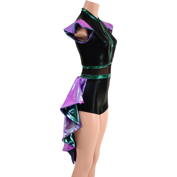 Plumeria, Scarab and Black Mystique Tux Back Romper with Boy Cut Leg - Coquetry Clothing