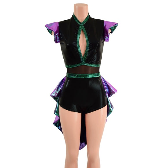 Plumeria, Scarab and Black Mystique Tux Back Romper with Boy Cut Leg - Coquetry Clothing