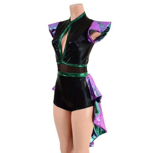 Plumeria, Scarab and Black Mystique Tux Back Romper with Boy Cut Leg - Coquetry Clothing