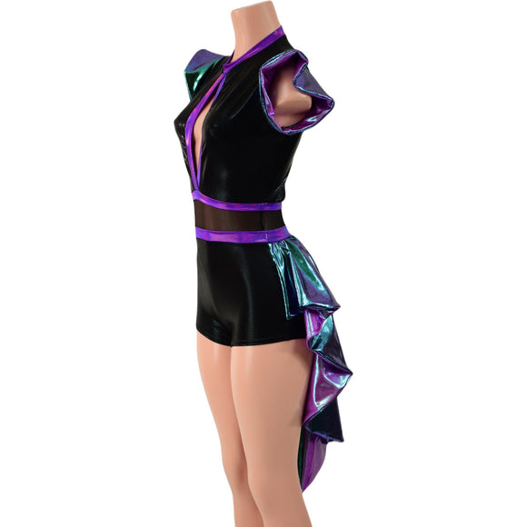 Scarab, Plumeria and Black Mystique Tux Back Romper with Boy Cut Leg - Coquetry Clothing