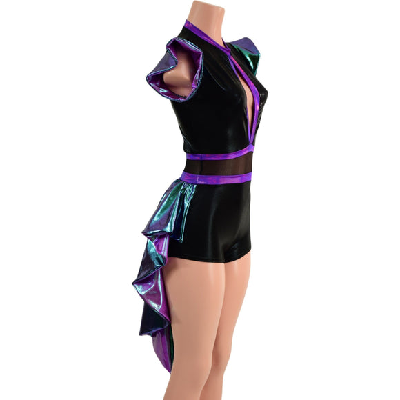Scarab, Plumeria and Black Mystique Tux Back Romper with Boy Cut Leg - Coquetry Clothing