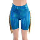 Peacock Holographic High Waist Bike Shorts with Gold Fringe - Coquetry Clothing