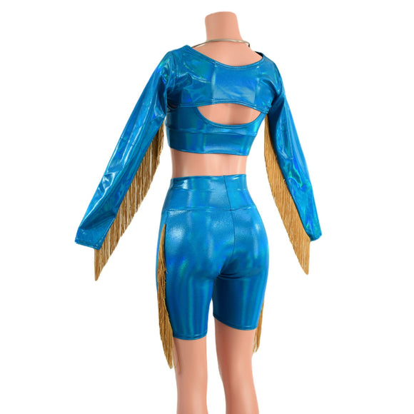 3PC Peacock High Waist Bike Shorts with Fringe, Starlette Bralette and Fringed Bolero - Coquetry Clothing
