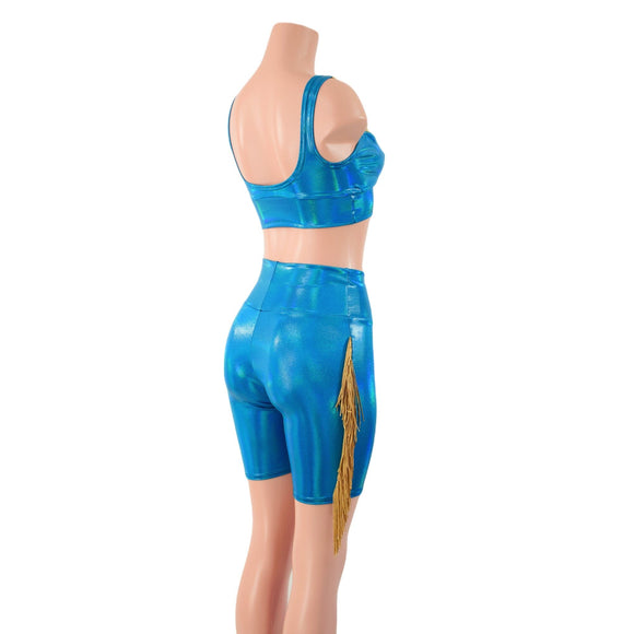 Peacock High Waist Bike Shorts with Gold Fringe and Starlette Bralette 2PC Set - Coquetry Clothing