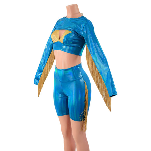 3PC Peacock High Waist Bike Shorts with Fringe, Starlette Bralette and Fringed Bolero - Coquetry Clothing