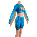 3PC Peacock High Waist Bike Shorts with Fringe, Starlette Bralette and Fringed Bolero - Coquetry Clothing