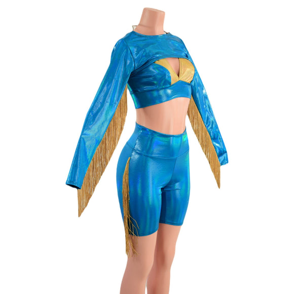 3PC Peacock High Waist Bike Shorts with Fringe, Starlette Bralette and Fringed Bolero - Coquetry Clothing