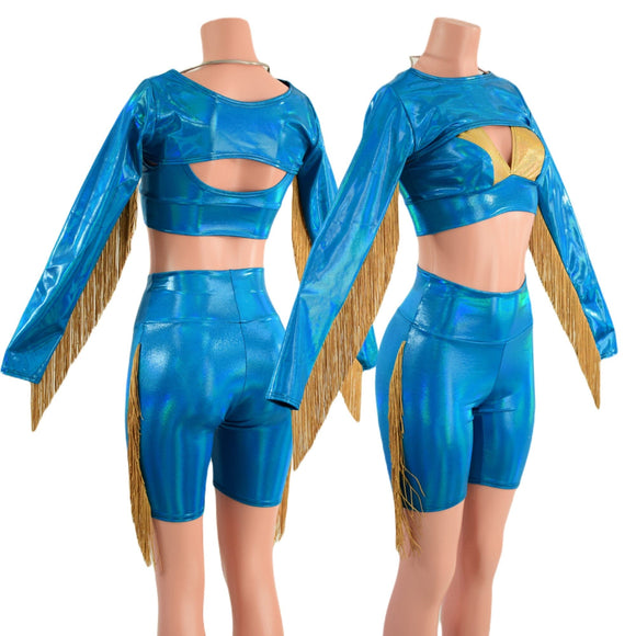 3PC Peacock High Waist Bike Shorts with Fringe, Starlette Bralette and Fringed Bolero - Coquetry Clothing