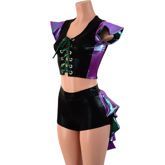 2PC Set Laceup Crop Top and Mid Rise Shorts with MINI Tux Back - Coquetry Clothing