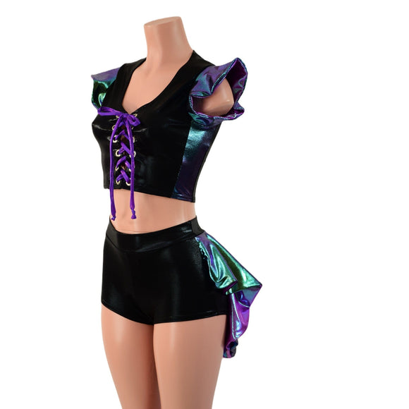 2PC Set Laceup Crop Top and Mid Rise Shorts with MINI Tux Back - Coquetry Clothing