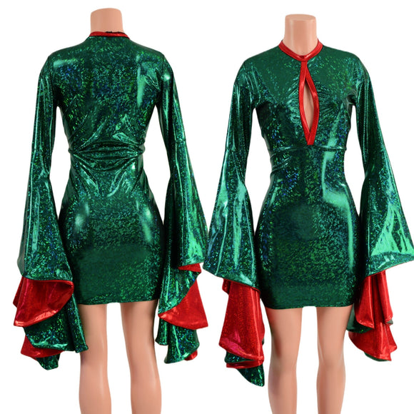 Green Kaleidoscope Bodycon Dress with Keyhole and Mini Sorceress Sleeves - Coquetry Clothing