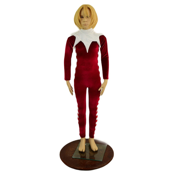 Childrens 2PC Elf Catsuit and Collar Set in Red Velvet - 3