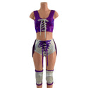 4PC Laceup Top, Fringed Laceup shorts, and Knee Pad Covers Set - 5