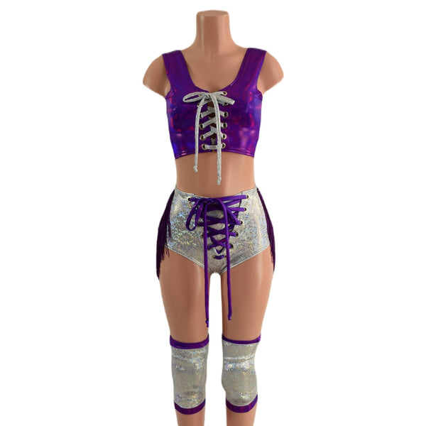 4PC Laceup Top, Fringed Laceup shorts, and Knee Pad Covers Set - 5