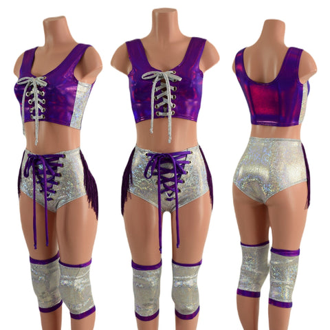 4PC Laceup Top, Fringed Laceup shorts, and Knee Pad Covers Set - Coquetry Clothing